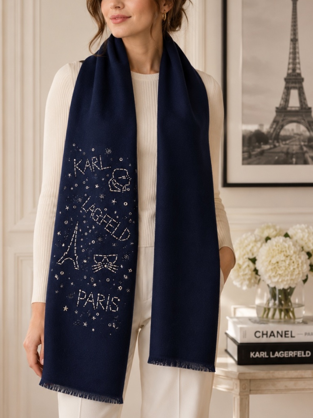 NWT Karl Lagerfeld Paris Embellished Scarf Navy Blue Studded Eiffel Tower